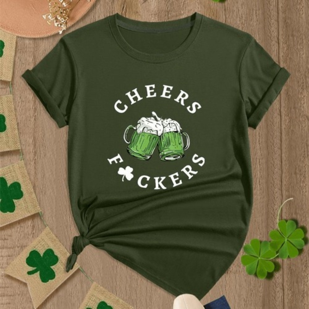 St. Patrick's Day Novelty Army Green Explicative Cheers Crew Neck Tee‎ Size L